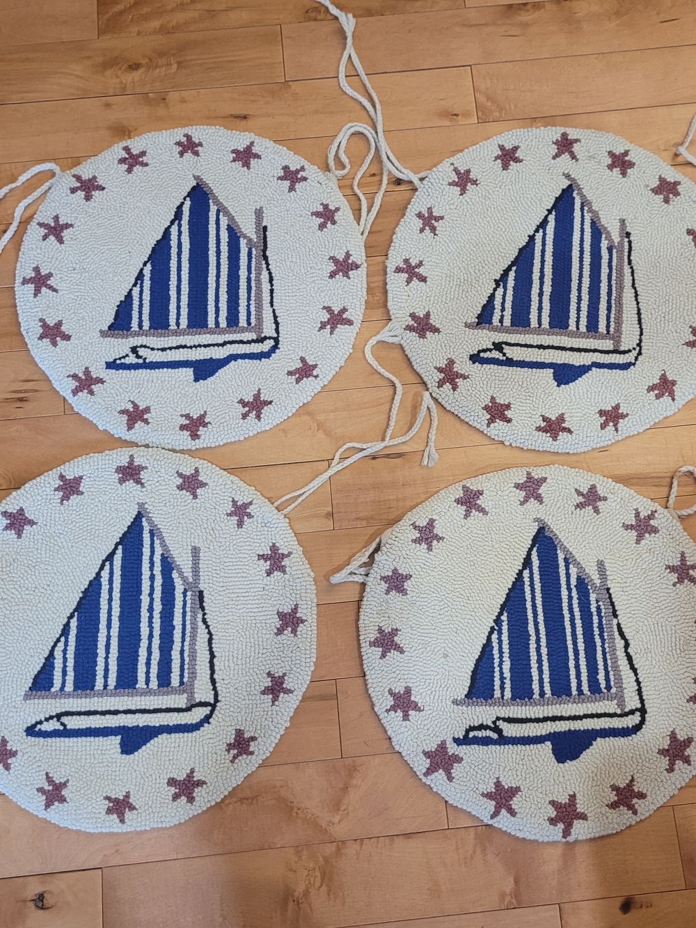 Vintage Nautical Blue Sailboat Hooked Round Chair Pads - Set of 4